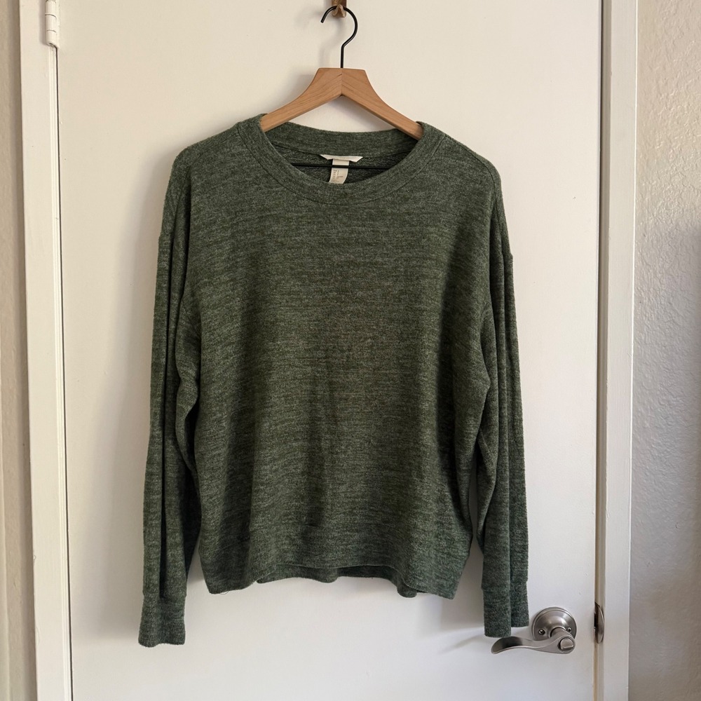Olive Green Heathered Knit Long Sleeve Crewneck Top Small Cozy Granolagirl Fall